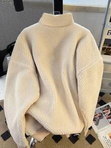 SHEIN 新款菠萝格纹保暖宽松立领休闲卫衣，秋冬款 - 杏色 - 查看 2