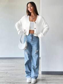 SHEIN Unity Áo khoác cardigan dáng rộng cổ chữ V cài nút phía trước cho nữ, màu trơn, đa năng cho việc đi lại hàng ngày, mùa thu/đông - trắng - Xem 5