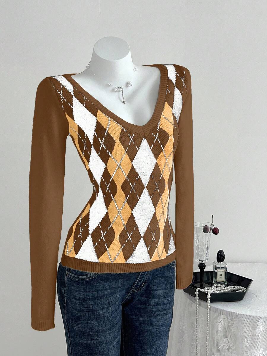 SHEIN Unity Áo len ôm dáng họa tiết kẻ caro kim cương cổ chữ V thường ngày cho nữ, mùa thu/đông - Nhiều màu - Xem 1