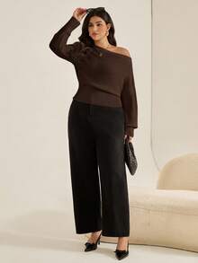 Auralis 大码女装秋冬时尚休闲宽松舒适日常简约百搭露肩长袖棕色套头毛衣，秋季穿搭，简约风格，返校季，外出上衣 - 棕色 - 查看 4