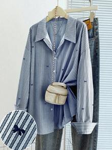 GlowEve CURVE Plus Size Autumn Striped Bow Print Button Front Long Sleeve Shirt - Royal Blue - View 3