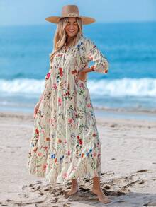 Sylviya Women's Watercolor Floral Print V-Neck Ruched Long Sleeve Dress, Suitable For Spring/Summer Fall Clothes Chic Dress - Multicolor - View 4