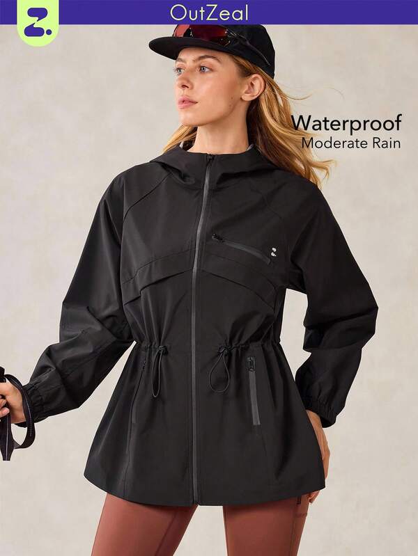 OutZeal Women Water-Resistant Multi Zip Pocket Drawstring Waist Black Outdoor Rain Jacket Hiking Camping Fall