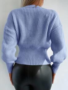 EURMUSE Solid Color Cable Knit Crew Neck Casual Pullover Sweater Brunch Light Blue Autumn - Baby Blue - View 2