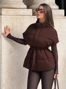 Siren Gaze 女士休闲日常通勤简约纯色高领系带羽绒服，冬季巧克力棕色上衣，深棕色上衣，咖啡棕色上衣 - 棕色 - 查看 9