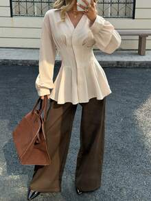 Siren Gaze Women's Autumn/Winter New Waist Cinched A-Line Long Sleeve Shirt Peplum Blouse Women Blouses Elegant Modest Blouse Casual Spring - Apricot - View 4