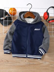 SHEIN 秋冬款小男孩休闲拼色连帽夹克 - 藏蓝色 - 查看 4