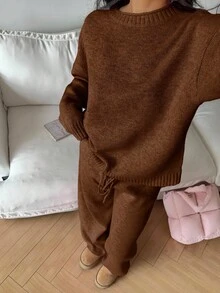 Flirla 2pcs Women Casual Solid Color Round Neck Long Sleeve Loose Knit Pullover Sweater Set - Brown - View 4