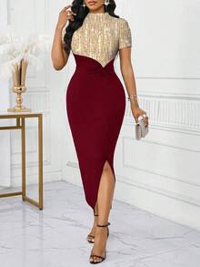 SHEIN Lady 女士时尚派对拼色扭结紧身连衣裙 - 酒紅色 - 查看 5