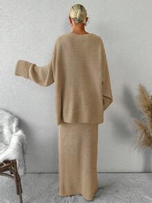 EURMUSE 2pcs Women Solid Color Long Sweater Top And Mini Skirt Set - Camel - View 2