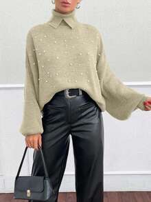 EURMUSE Áo len cổ cao trễ vai đính ngọc trai giả thanh lịch dành cho nữ, Thu/Đông - Màu be - Xem 2