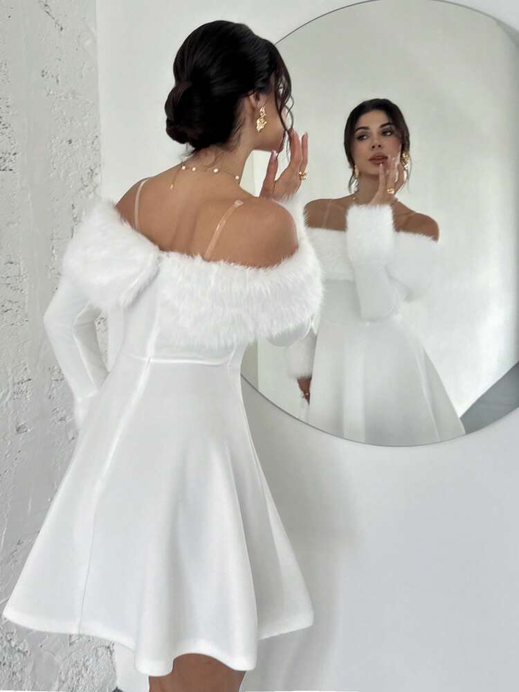 Firerie Women's Elegant Fur Collar Splicing Off-The-Shoulder Mini Dress, White Dress, Festival Dress/Umbrella Skirt/Elegant Dresses For Party/Thanksgiving Outfits For Women/ New Year Dress/Winter Dresses For Women/Fall Clothes/White Dress New Year/Party Dress/Cozy Fall And Winter Clothes For Women/Christmas Dress,Dresses For Women Elegant - White - View 5