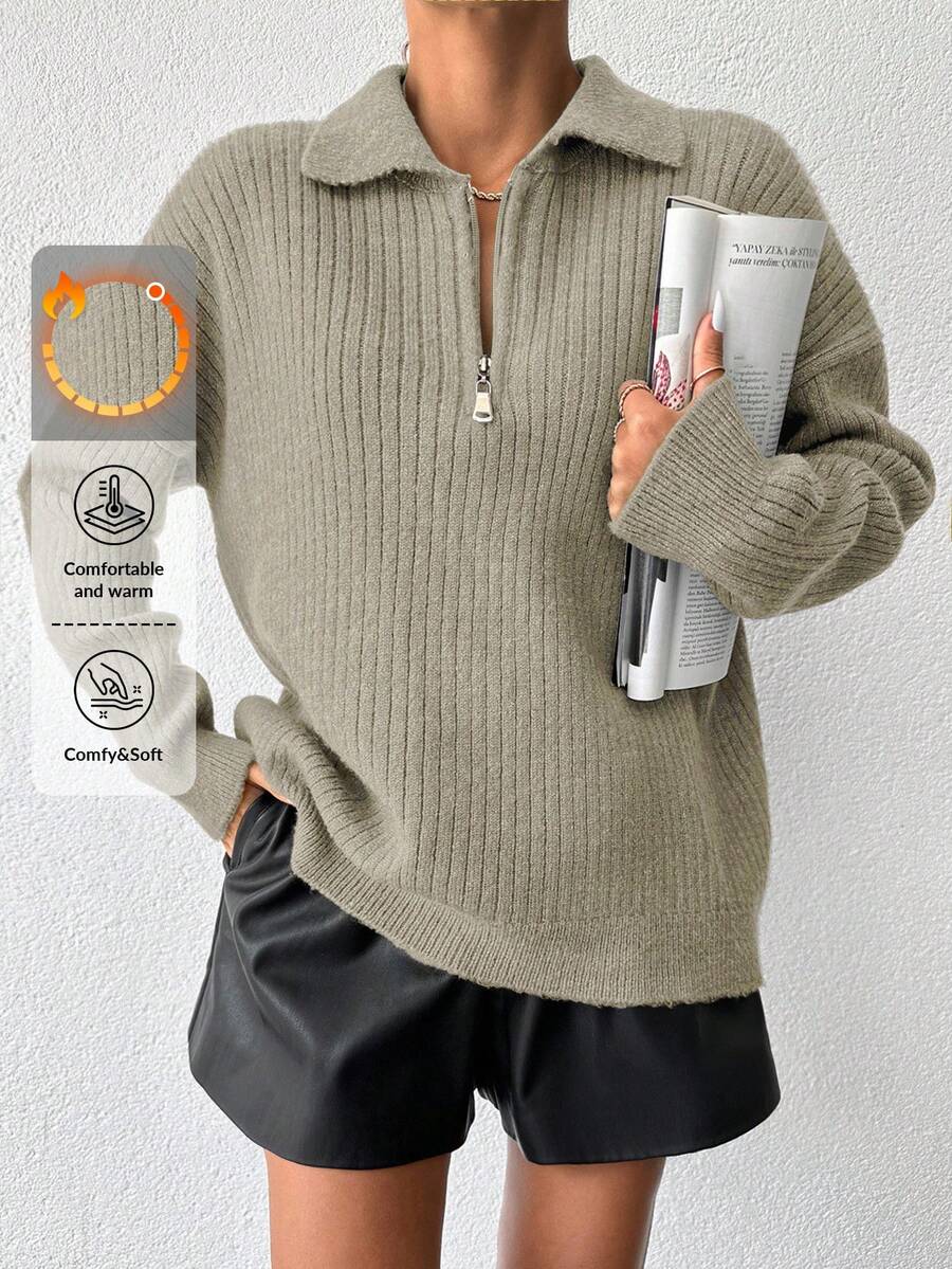 EURMUSE Women's Casual Minimalist Solid Color Drop Shoulder Loose Half Zip Ribbed Knit Cardigan - Apricot - View 1