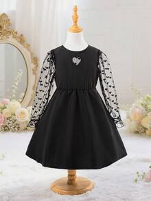 Vestido negro de manga larga para niña con malla con forma de corazón - Negro - Ver 5