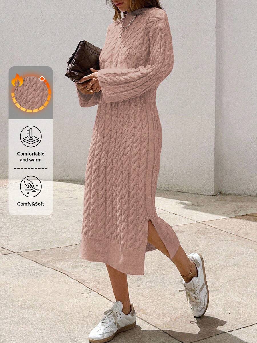EURMUSE Women's Knitwear Long Dress With Cable Pattern,Petite - Coral Pink - View 1
