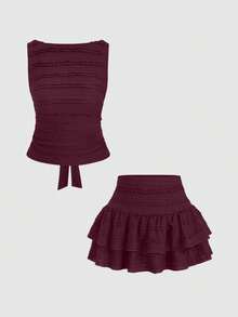 Sweetra Women Solid Color Camisole And Skirt 2 Pieces Set
