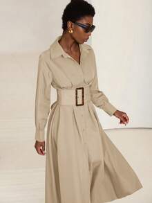 Aveloria Modichic Váy sơ mi tay dài cài nút cao cấp kiểu Pháp thanh lịch dành cho nữ - Màu Khaki - Xem 1