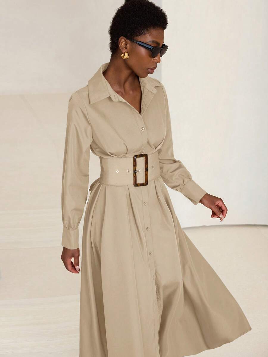 Aveloria Modichic Váy sơ mi tay dài cài nút cao cấp kiểu Pháp thanh lịch dành cho nữ - Màu Khaki - Xem 1