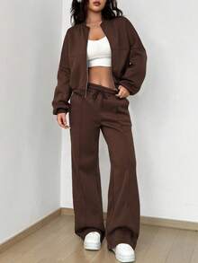 SHEIN Unity 2 Stücke Lässig Jacke und Hose Set in Unifarbe, Herbst/Winter - Schokoladenbraun - Übersicht 6