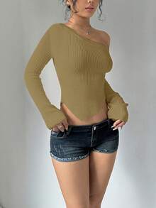 SHEIN Unity 女士休闲日常通勤简约纯色不对称领修身套头衫，秋季 - 綠色 - 查看 5