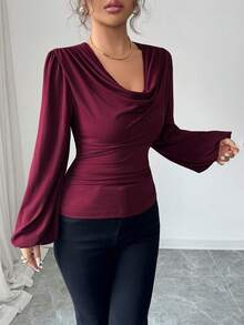 Selianne Women's Elegant Burgundy Ruched Collar Design Puff Sleeve Long Sleeve Ruched Patchwork Fitted T-Shirt, Spring/Autumn - Burgundy - View 5