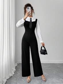 SHEIN Combinaison longue manches noir et blanc avec contrastes de couleurs pour adolescentes - Noir et Blanc - Voir 1