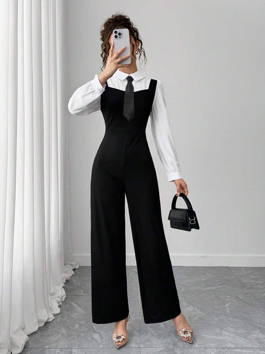 SHEIN Combinaison longue manches noir et blanc avec contrastes de couleurs pour adolescentes - Noir et Blanc - Voir 1