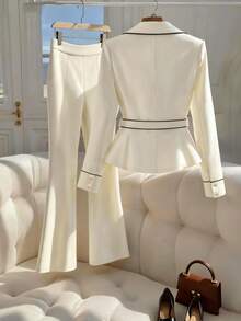 GlowEve 女式休闲撞色腰长袖西装外套和纯色裤子两件套西装套装，秋冬 - 杏色 - 查看 2