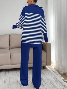 EURMUSE Women Stripe Pattern Zip Detailed Neck Drop Shoulder Pullover & Sweater Pants Set - Blue - View 4