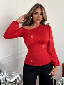 Xyvia 女士新款秋冬性感优雅万圣节、圣诞节、感恩节、新年派对、休闲、日常、通勤、办公室上衣。时尚闪亮、高弹针织面料、斜肩、灯笼袖、长袖、收腰、修身、玫红色T恤 - 紅色 - 查看 3