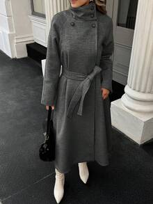 Xyvia 秋冬女装休闲高领纽扣腰带中长款毛呢大衣，老钱风女装/女士办公装/外出装，女士秋装 - 灰色 - 查看 7