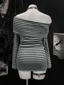 Sunspun Đầm dài tay kẻ sọc gợi cảm dáng rộng cho nữ cỡ lớn, chất liệu co giãn cao, thoải mái, phong cách đường phố sành điệu, thích hợp cho mùa Thu/Đông. - Xám - Xem 2