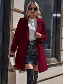 EMERY ROSE Solid Color Button Pocket Casual Versatile Long Sleeve Jacket - Burgundy - View 6