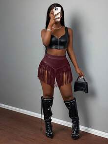 Slaydiva Plus Size Summer New Casual Street PU Tassel Elastic Skinny Shorts, Suitable For Music Festivals, Easter, Graduation Season, Daily Wear Women Shorts For Women Party For Women - D - Rust Brown - View 8