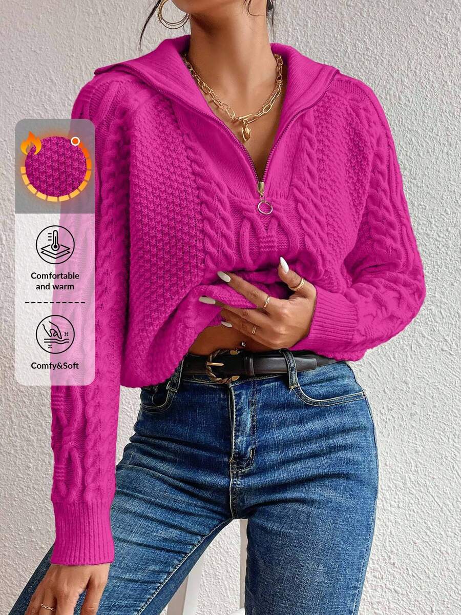 SHEIN Cottnline Casual Solid Color Raglan Sleeve Sweater, Autumn/Winter - Hot Pink - View 1