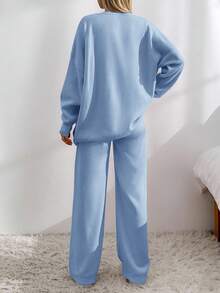 EURMUSE Drop Shoulder Cardigan & Tie Front Knit Pants - Baby Blue - View 2