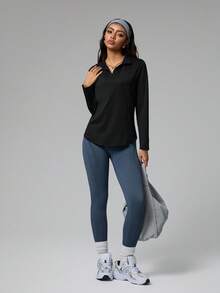 Dewbera Black Long - Sleeve Fitted Sports Polo Shirt For Women, Half - Zip Stand - Up Collar + Striped Design, 4 - Way Stretch Breathable & Quick - Dry, Versatile For Golf/Tennis/Daily Activities In Autumn & Spring - Black - View 4