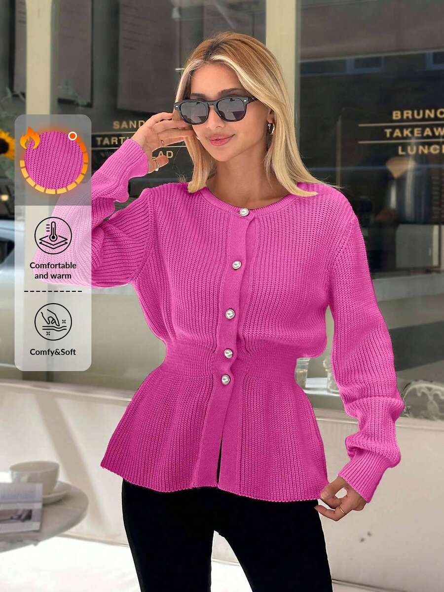 EURMUSE Women Solid Color Front Button Round Neck Cardigan,Cardigans,Long Cardigans Woman,Petite,Tall - Hot Pink - View 1