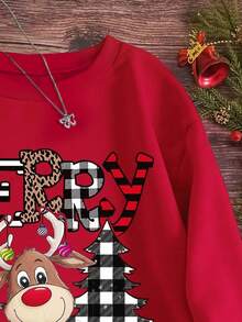 Tween Girls' Christmas Cartoon Reindeer, Plaid Christmas Tree & Letter Print Crew Neck Sweatshirt, Suitable For Autumn/Winter - Red - View 4