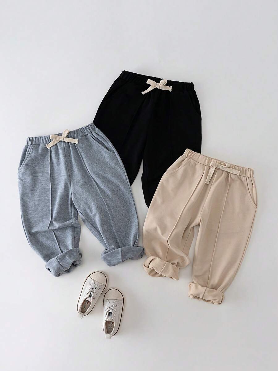 THE HAPPY LOOK 3pcs Young Boy Elastic Waist Pants Set With Decorative Ribbon, Versatile & Comfortable - Grey - View 1