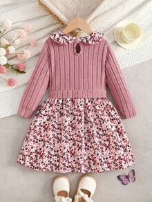 SHEIN Vintaside Kids 女童优雅玫瑰提花针织拼布花卉数码印花荷叶边领二合一连衣裙，秋季 - 粉色 - 查看 2