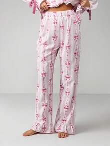 MISSGUIDED 蝴蝶结印花睡衣套装长袖纽扣上衣搭配荷叶边下摆裤子睡衣 - 粉色 - 查看 5