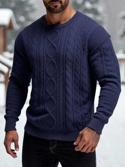 Manfinity NXTstreet 男士休闲圆领套头衫，保暖抽绳纯色藏蓝色麻花针织毛衣，秋冬款