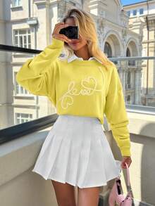 EURMUSE Suéter lindo de cuello redondo con bordado de patrón de corazón y forma de amor en color contrastado - Amarillo - Ver 6