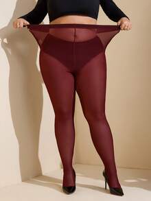 SHEIN CURVE+ Plus Size Burgundy, Cherry Red, Maroon Color Sheer Leggings, Tight Bodycon Leggings, Pantyhose, Fitted, Plain, Women's Basic, Western Women's, Summer, Tight, Easter, Spring, Mardi Gras/Mardi Gras, Valentine's Day, Valentine's Gifts, Sexy, Y2K, Fashionable, Rave, Music Festival - Red - View 6