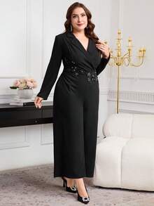 Ellevyn Plus Size Women's Elegant Black Long Sleeve Long Jumpsuit With Pockets And Lace Trim, Suitable For Autumn And Winter - Black - View 4