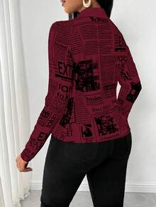 Eryvara Camisa casual de mujer con botones delanteros y estampado total de manga larga - Burdeos - Ver 3
