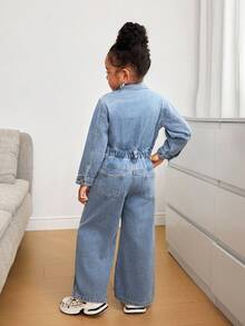 SHEIN Young Girl' Blue Denim Shirt Style Loose Jumpsuit - Light Wash - View 3