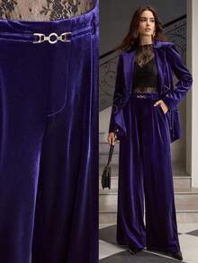 ZEYLAH 女士优雅水钻链条腰带天鹅绒阔腿西装裤，秋冬 - 紫色 - 查看 8