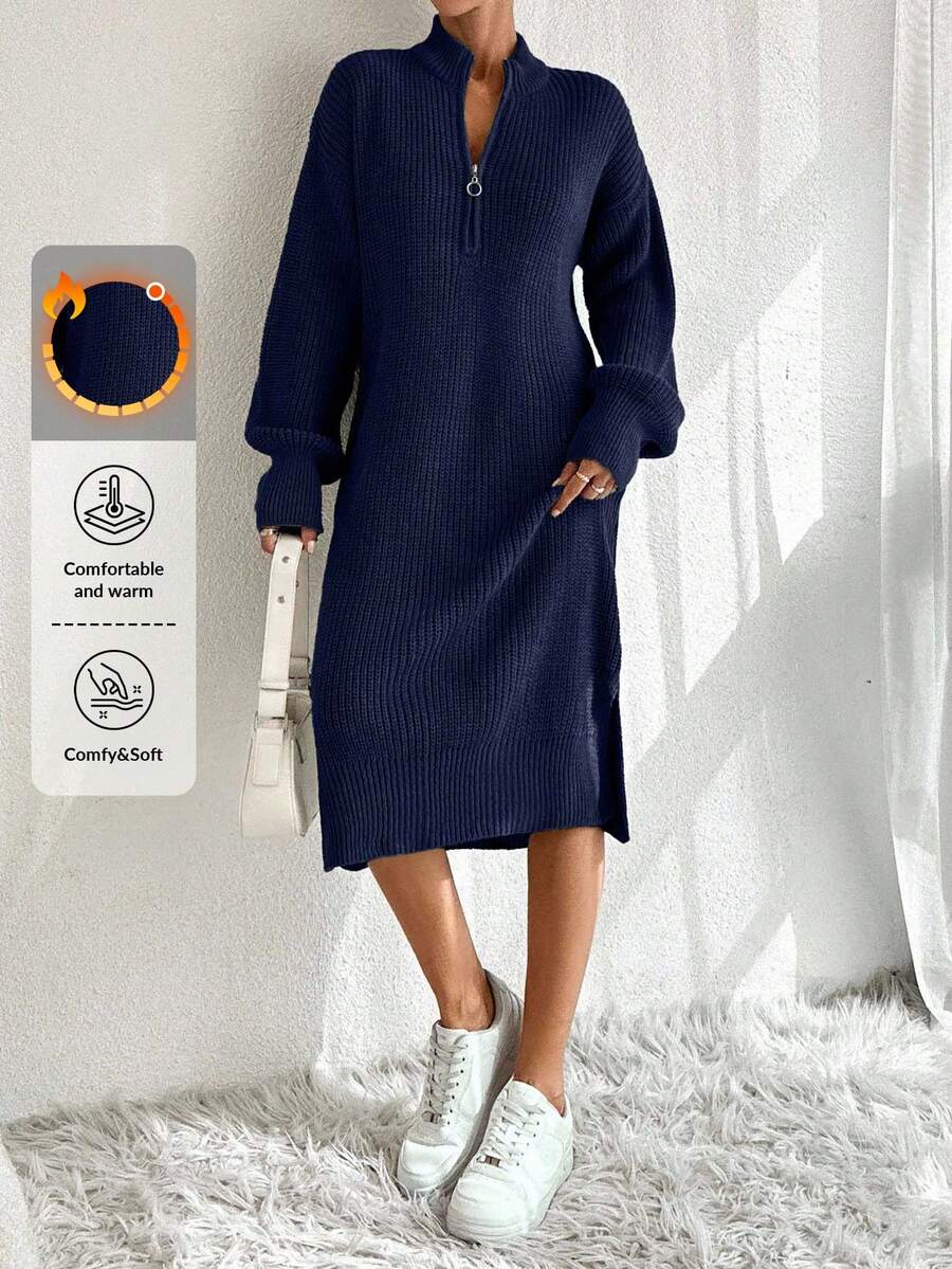 EURMUSE Women Knit Sweater Dress With Zipper Detail,Petite - Navy Blue - View 1